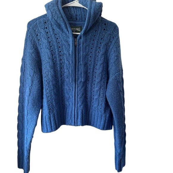 AMERIAN EAGLE Women's Size SMALL Hoodie Cable Knit Cropped Blue Full Zipper - Picture 1 of 6